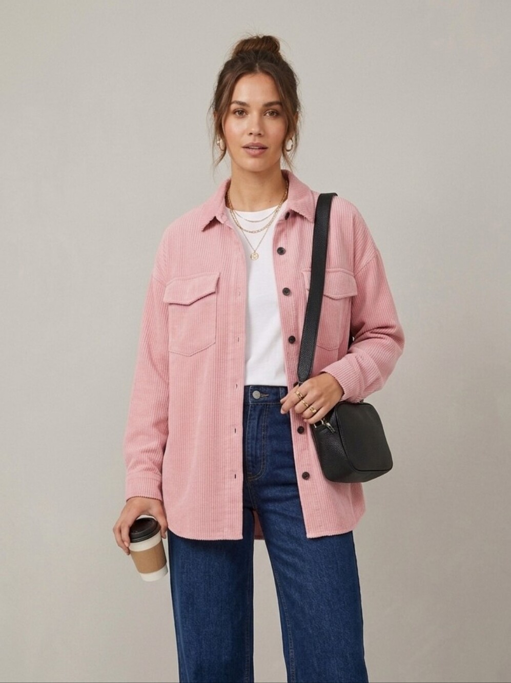 Simons Pink Corduroy Oversized Shacket Button Down Jacket Size Small